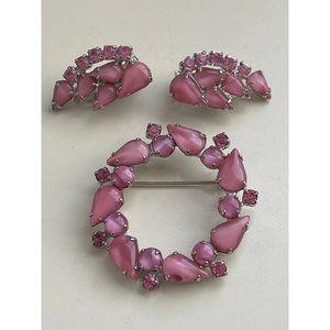 Vtg Pink Moonstone Rhinestone Brooch & Earrings